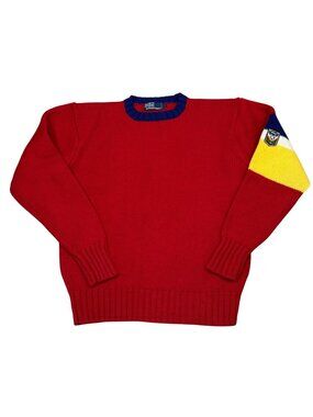 Vintage 90s Polo Ralph Lauren 100% Wool Bright Red Tri Color Knit Crewneck Crest